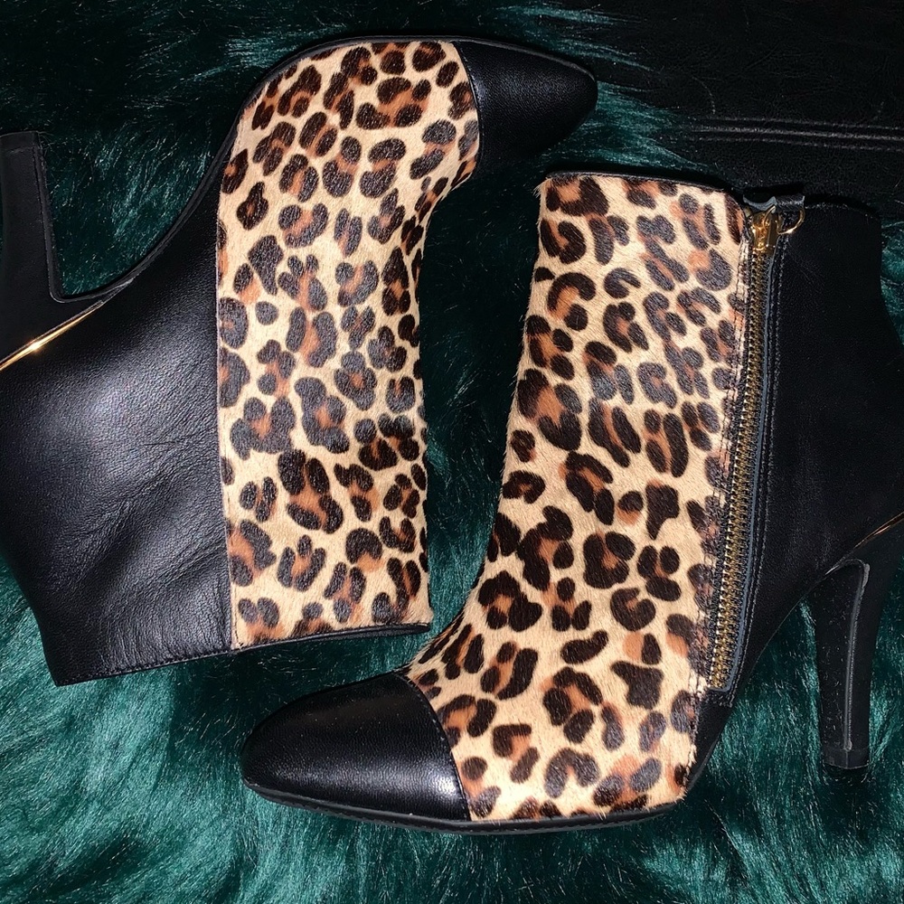 Size 7 Leather & Calf Hair Ankle Booties - Leopard Cheetah